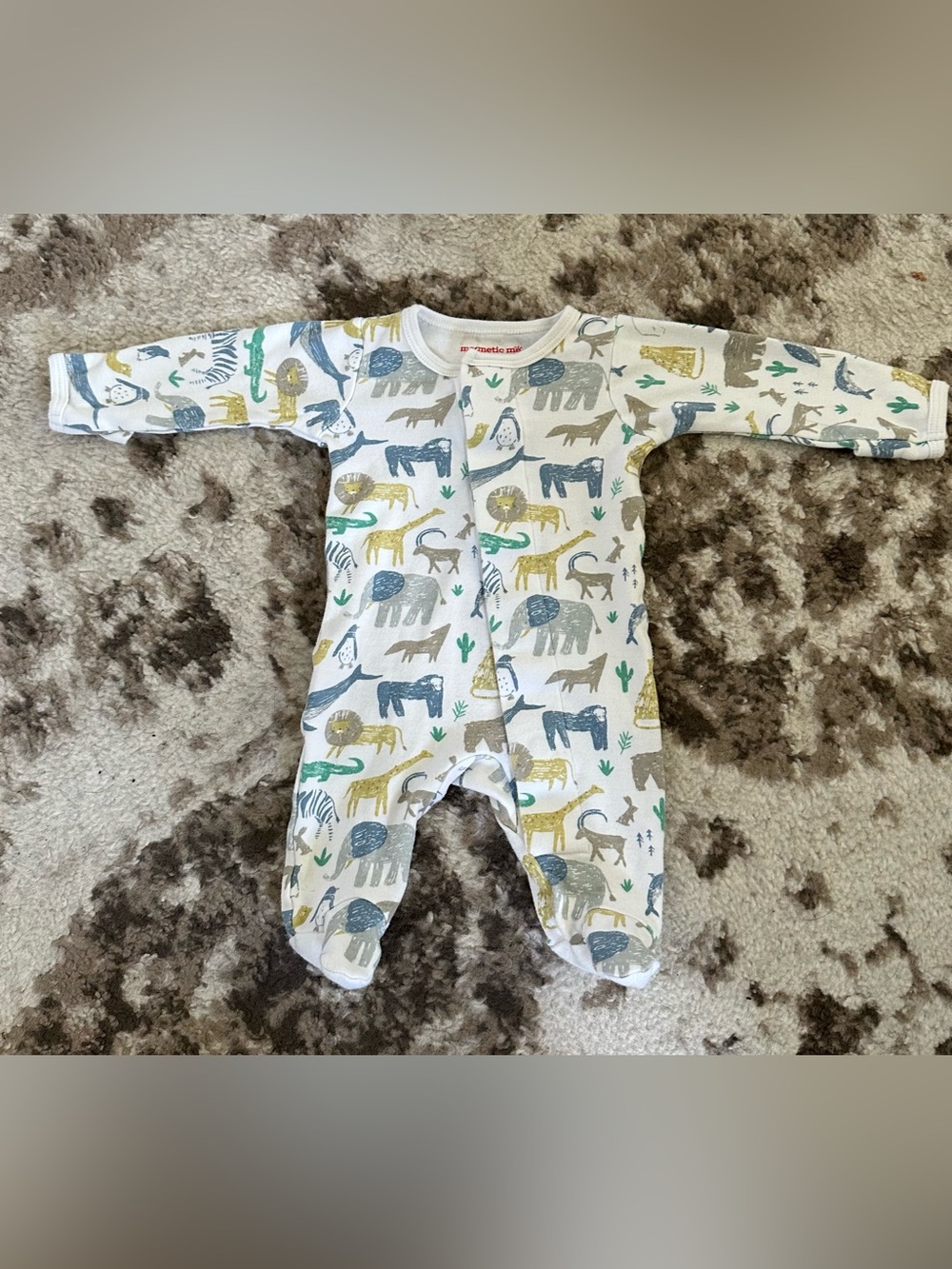 Magnetic Me White Footed One-Piece with Blue, Green and Yellow Animal Print